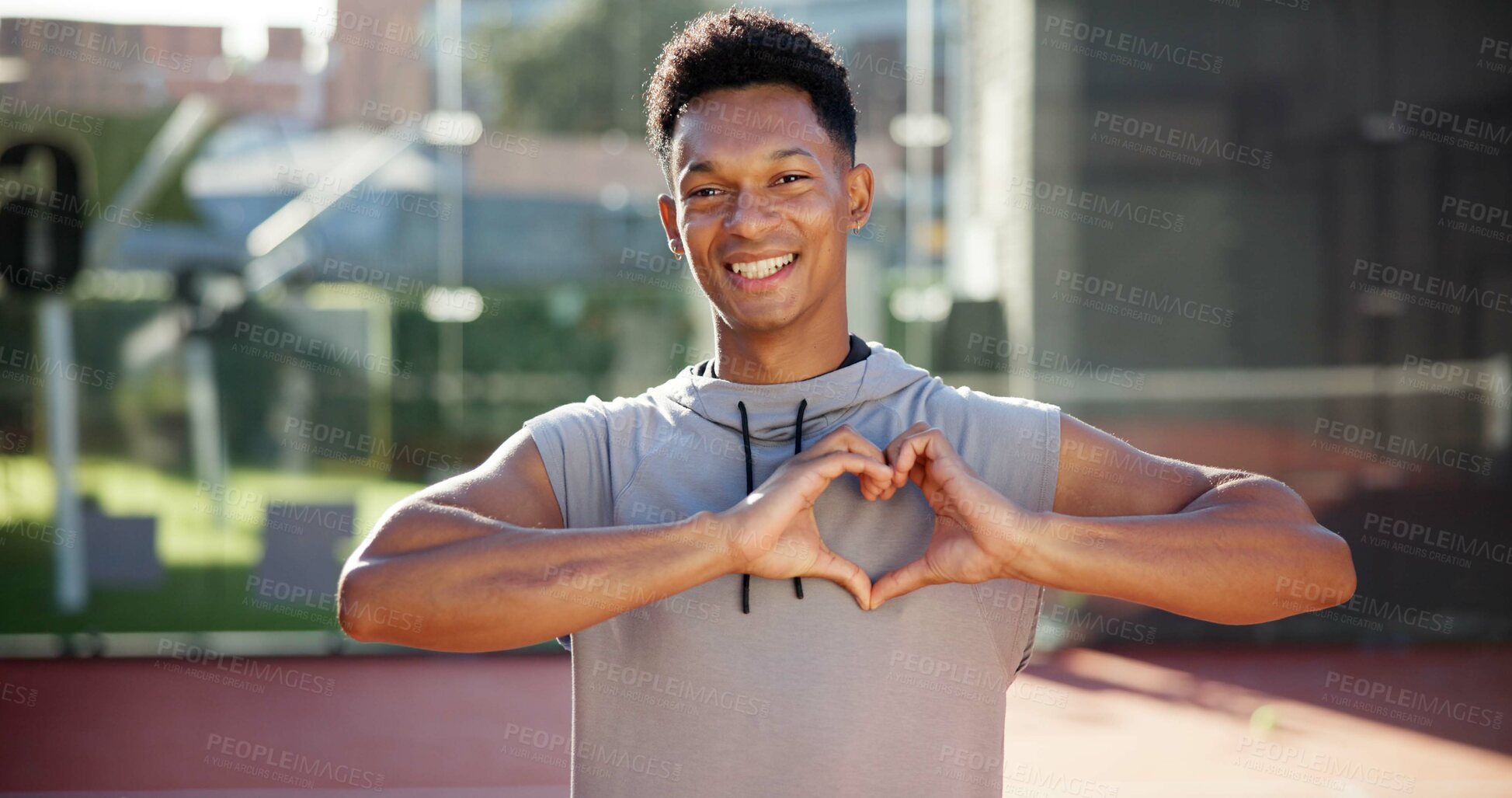 Buy stock photo Sports, tennis court and portrait of man with heart for training, workout and exercise outdoors. Fitness, happy and person with hand gesture, emoji and support for practice, competition or game
