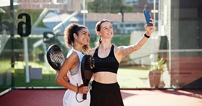 Buy stock photo Sports, friends and selfie of women on court for training, match and playing game outdoors. Fitness club, racket and happy people smile for exercise, workout and practice with photo for social media