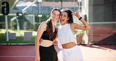 Buy stock photo Sports, peace sign and portrait of women on tennis court for playing games, match and competition. Fitness club, happy and friends with emoji for training, exercise and workout together for practice