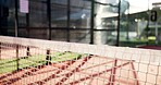 Tennis, sport and closeup of net on court for opponent barrier, fair play or competition match outdoor. Empty, padel field and mesh for game challenge, tournament setting or playing area for practice