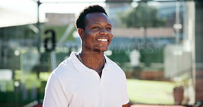 Buy stock photo Happy, tennis and black man on court for fitness with outdoor training for competition. Health, stadium and African male athlete practicing for sports game, match or challenge with confidence. 