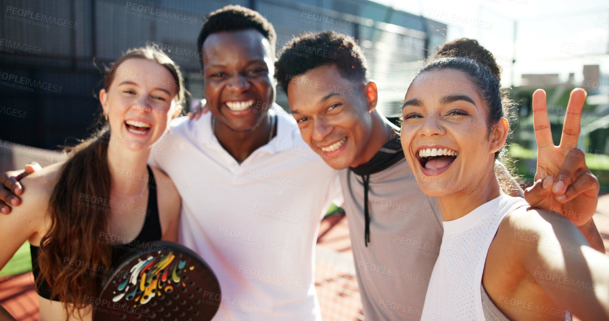 Buy stock photo Sports, portrait or selfie of people with peace sign for playing games, padel or competition. Fitness, emoji and picture POV of friends for training, exercise and workout for practice on tennis court