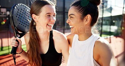 Buy stock photo Sports, hug and selfie of women on tennis court for training, match and playing game. Fitness club, racket and happy friends smile for exercise, workout and practice with photo for social media