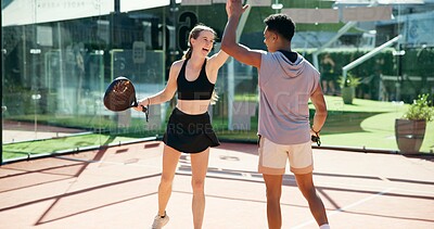 Buy stock photo Sports, court and people high five with racket for competition, match and winning game. Fitness, athlete and happy man and woman for support, teamwork and goal for training, workout and exercise
