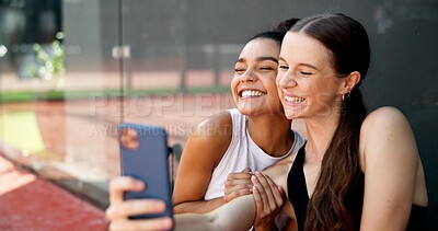 Buy stock photo Sports, friends and selfie of women rest on tennis court for training, match and playing game. Fitness club, smile and happy people for exercise, workout and practice with photo for social media