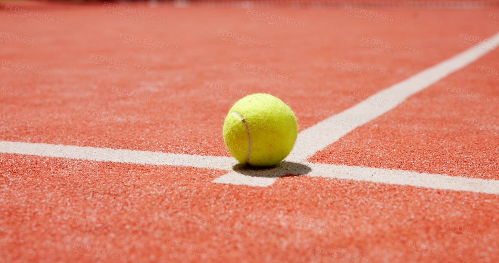 Buy stock photo Tennis sport, court and ball on ground for competition match, game practice and workout challenge. Empty, exercise turf and training equipment on floor for tournament, padel contest and fitness hobby