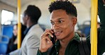 Student, man and travel with phone call on bus for morning commute, conversation or ride to college. Person, smile or talking to contact in public transport for trip location or journey to university