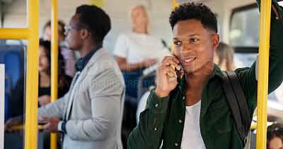Buy stock photo Student, man or travel with phone call on transport for morning commute, conversation or ride to college. Person, backpack or talking to contact on bus for trip location, public service or connection