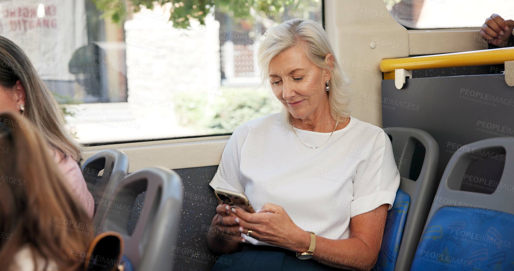 Buy stock photo Bus, travel and senior woman with smartphone, passenger and commute with social media. Mature person, transport and lady with cellphone, urban journey and mobile app for message, text and online game