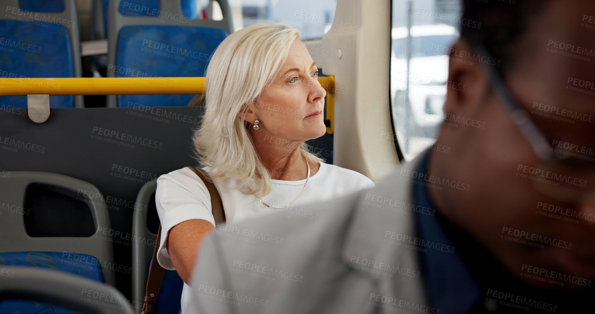 Buy stock photo Bus, thinking and mature woman by window for journey, commute and travel to work in city. Public transport, passenger and business person on vehicle for trip, destination and traffic in urban town