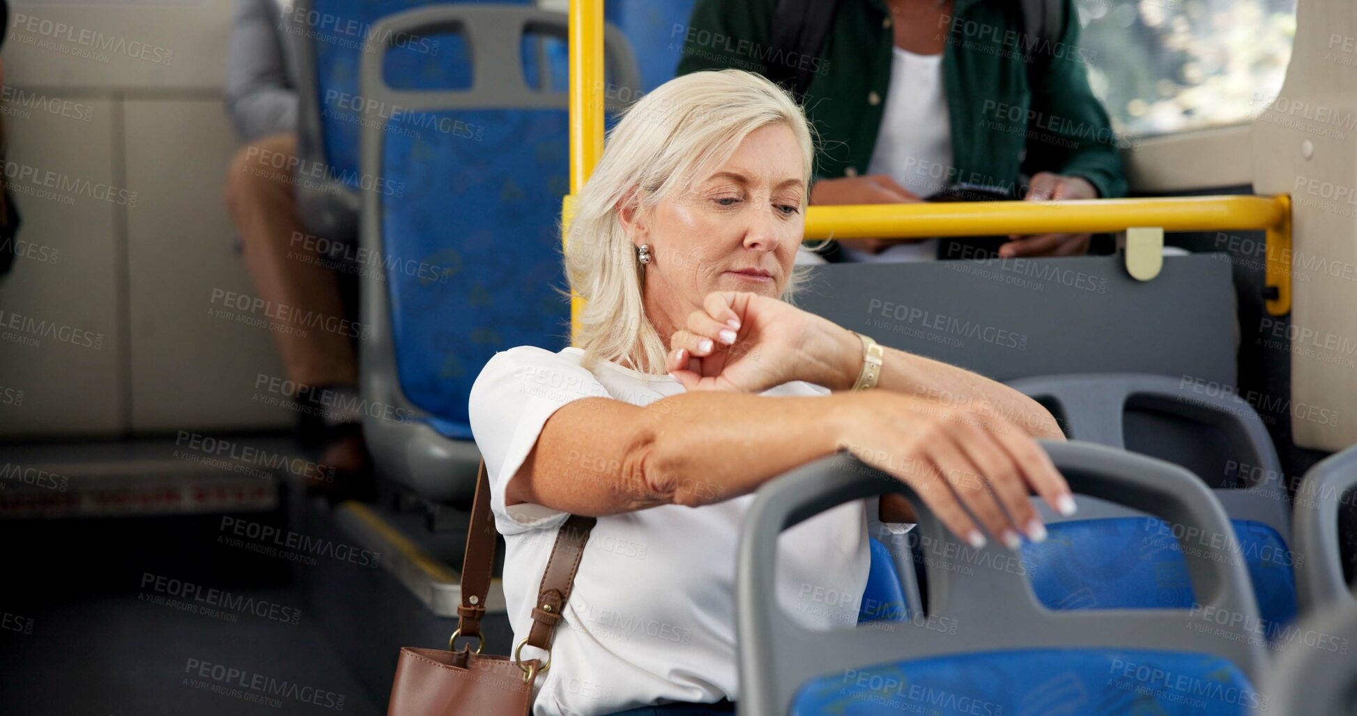 Buy stock photo Travel, woman and check time on bus for traffic delay, morning commute and late for appointment. Public transport, mature person and wrist watch for schedule, meeting deadline and urban journey