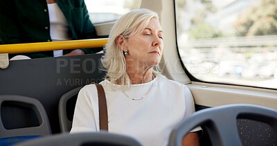 Buy stock photo Woman, sleeping and bus for public transport, tired or rest by window for journey in town. Mature person, exhausted and burnout in vehicle, ride or fatigue on travel, tourism or traffic on urban road