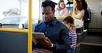 Bus, people and man with tablet, travel and communication with social media. Public transport, mobile user and commute with person, tech and digital app for chatting and connection for email