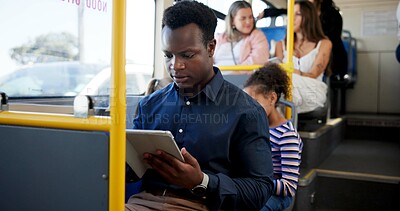 Buy stock photo Bus, people and man with tablet, travel and communication with social media. Public transport, mobile user and commute with person, tech and digital app for chatting and connection for email