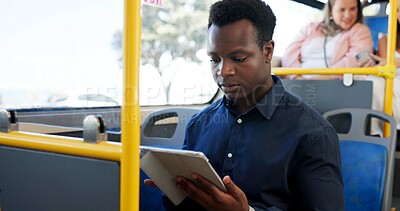Buy stock photo Bus, people and man with tablet, travel and communication with connection, network and email. Public transport, typing and commute with person, technology or digital app for online traffic report
