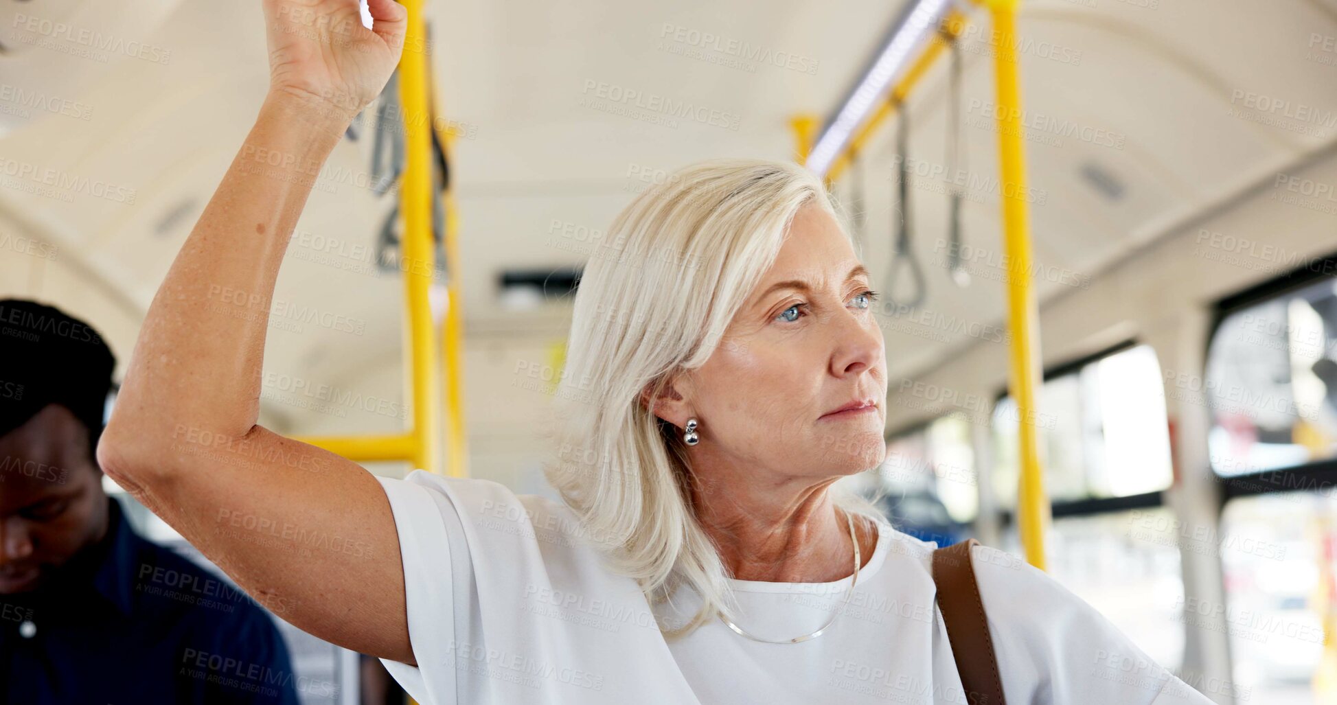 Buy stock photo Bus, thinking and mature woman in city for journey, commute and travel to work. Public transport service, passenger and business person on vehicle for trip, destination and traffic in urban town