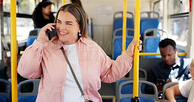 Buy stock photo Travel, woman and happy with phone call on bus for morning commute, conversation and ride location. Person, smile and talking to contact in public transport for trip discussion, connection and chat