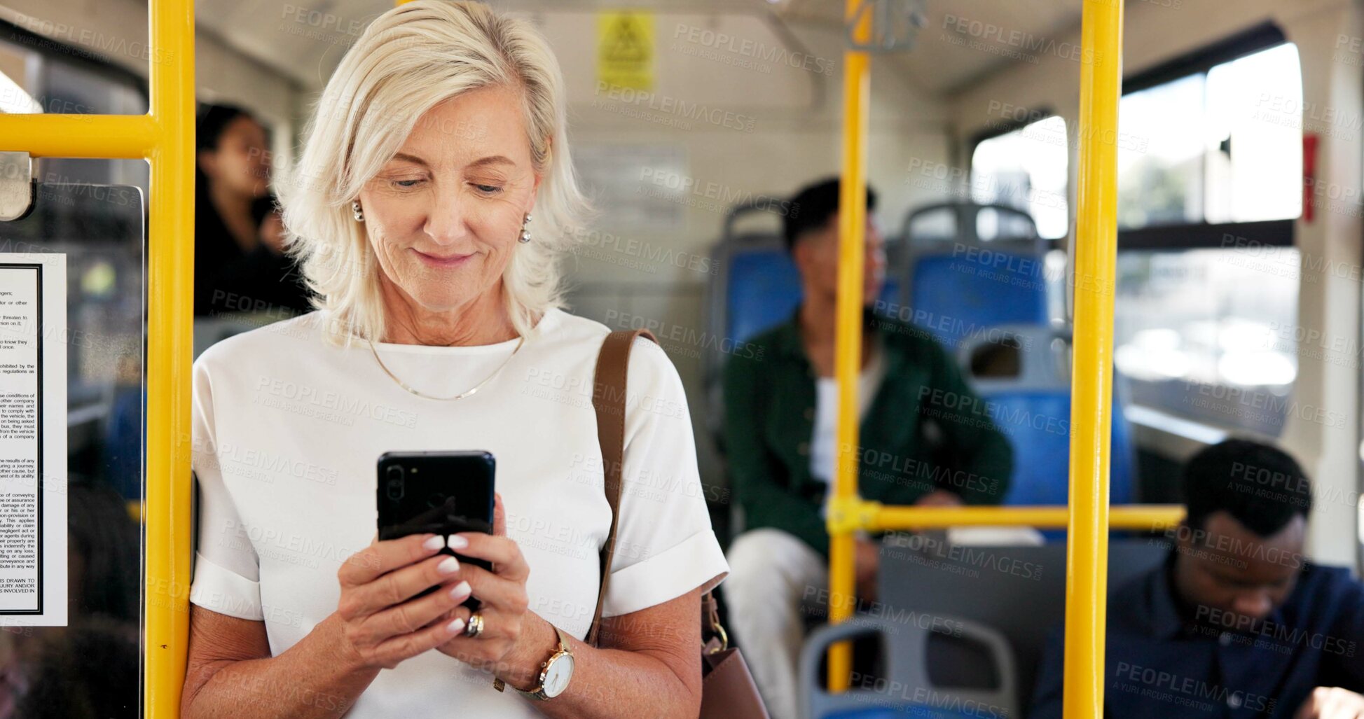 Buy stock photo Bus, people and mature woman with cellphone, travel and communication with social media. Public transport, mobile user and commute with passengers, smartphone and digital app for email and message
