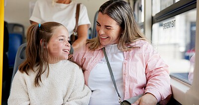 Buy stock photo Bus, mother and girl travel with transport for holiday commute, conversation and city sightseeing. Daughter, happy and public service with woman for road trip, journey support and discussion on ride