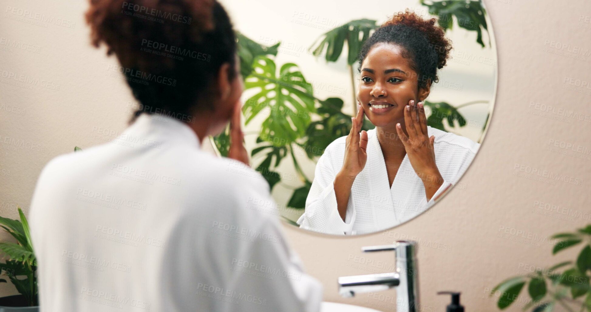 Buy stock photo Skincare, woman or face results in mirror for collagen treatment, natural beauty or skin hydration. Reflection, african girl and confident with routine inspection for self care or dermatology in home