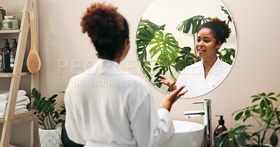 Buy stock photo Skincare, beauty and woman in mirror of bathroom for morning routine, dermatology and self care maintenance. Reflection, african person or satisfaction in home with hygiene, glowing skin and grooming