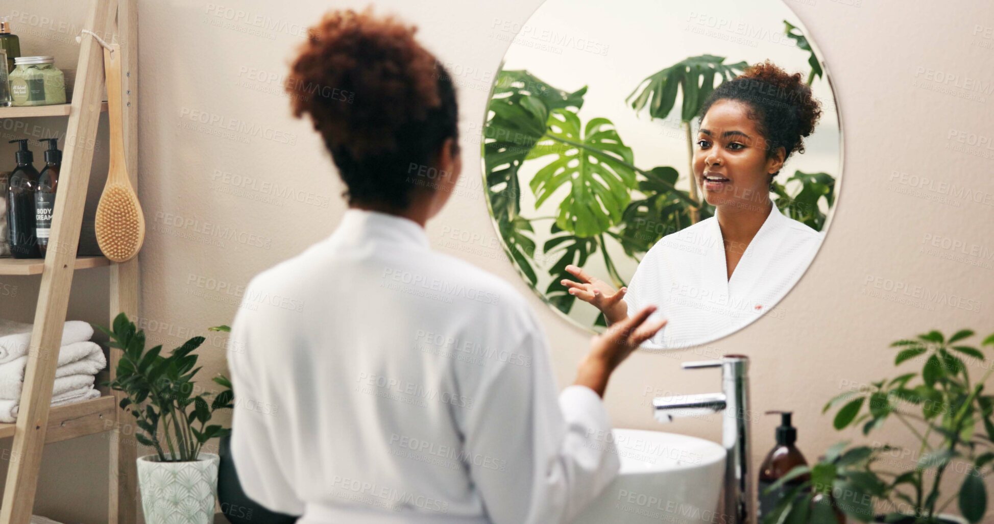 Buy stock photo Skincare, beauty and woman in mirror of bathroom for morning routine, dermatology and self care maintenance. Reflection, african person or satisfaction in home with hygiene, glowing skin and grooming