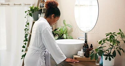 Buy stock photo Depression, home and woman with thinking in bathroom for financial stress, getting ready or disappointed. Morning routine, sad person or anxiety for university tuition, student loans or mental health