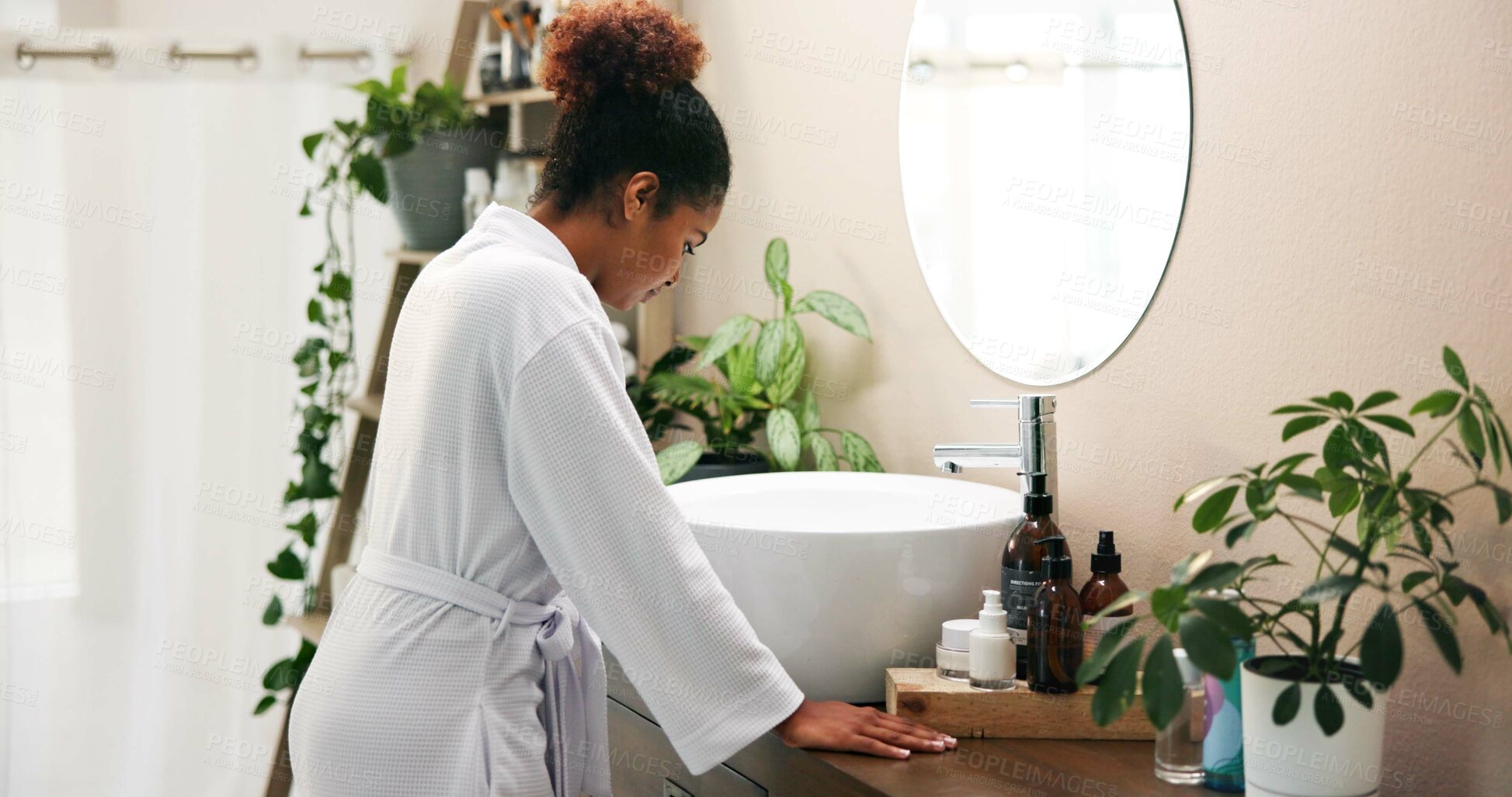 Buy stock photo Depression, home and woman with thinking in bathroom for financial stress, getting ready or disappointed. Morning routine, sad person or anxiety for university tuition, student loans or mental health