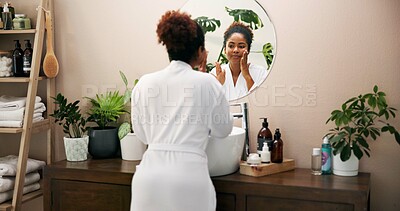 Buy stock photo Skincare, beauty and woman in mirror of bathroom for morning routine, getting ready or self care inspection. Reflection, person and cosmetics in home with hygiene, glowing skin and treatment results
