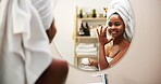 Mirror, cream and woman in bathroom, cosmetics and home with grooming, glow and wellness. Dermatology, happy person and girl with healthy skin, morning and reflection with lotion, shine and skincare