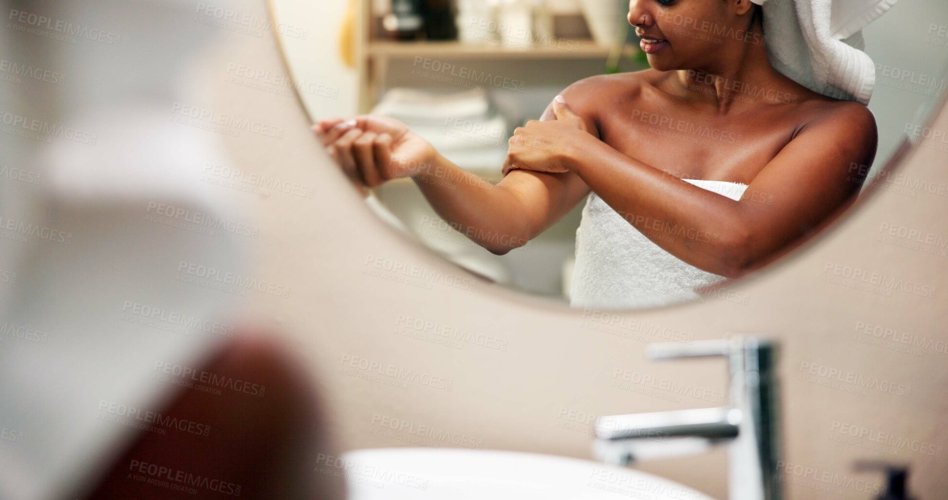 Buy stock photo Body care, mirror and woman with cream application for skin hydration, SPF protection and getting ready. Reflection, home and skincare for natural beauty, morning routine or dermatology in bathroom