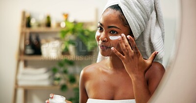 Buy stock photo Mirror, cream and woman with beauty, skincare and home with cosmetics, glow and wellness. Container, person and girl in bathroom, healthy skin, morning or reflection with lotion, shine or dermatology