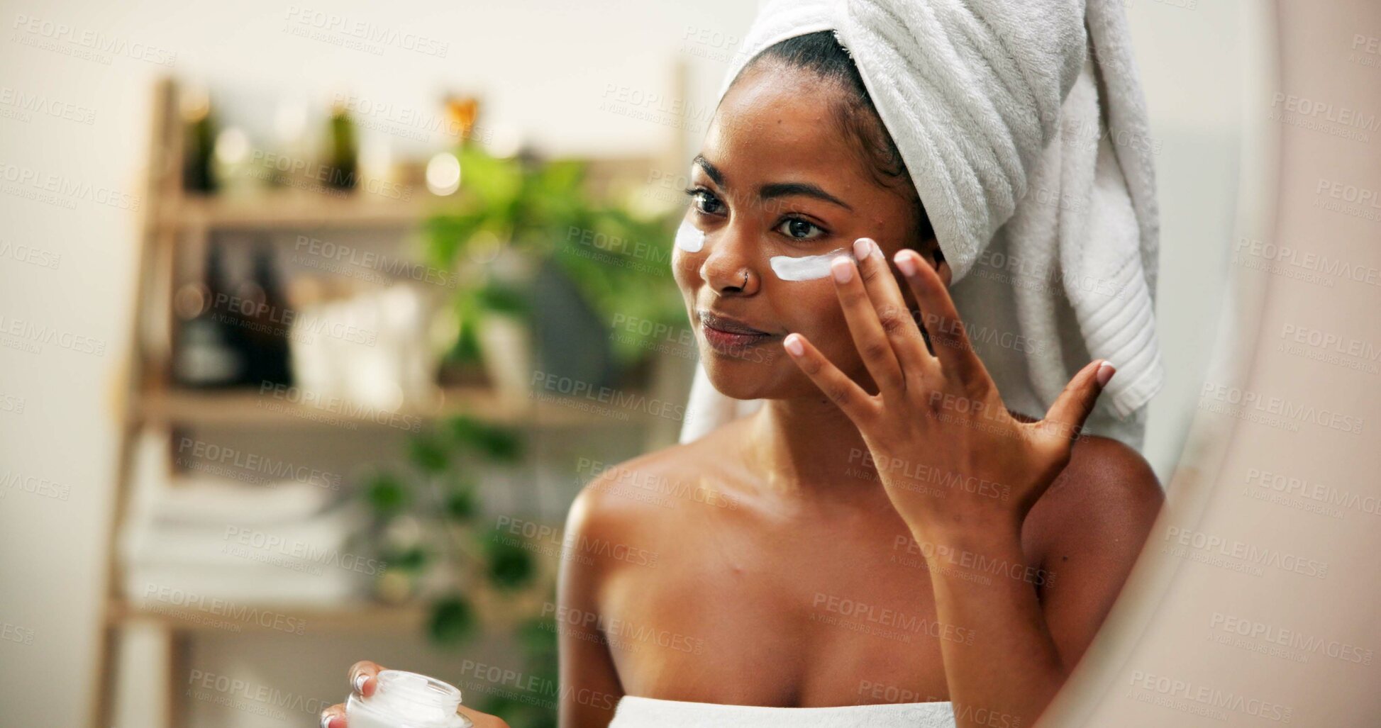 Buy stock photo Mirror, cream and woman with beauty, skincare and home with cosmetics, glow and wellness. Container, person and girl in bathroom, healthy skin, morning or reflection with lotion, shine or dermatology