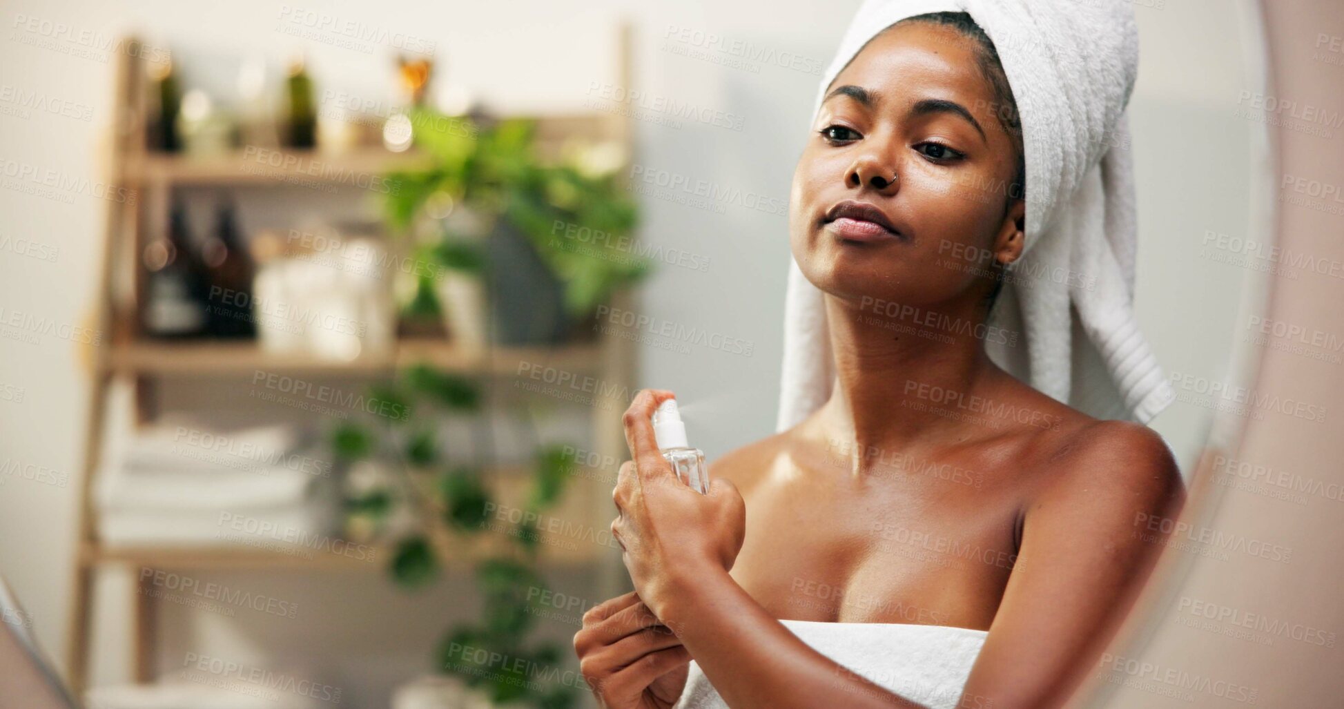 Buy stock photo Body care, perfume and woman with spray in mirror for morning routine, fresh smell and getting ready in bathroom. Reflection, person and cosmetics fragrance in home for hygiene, clean scent or beauty