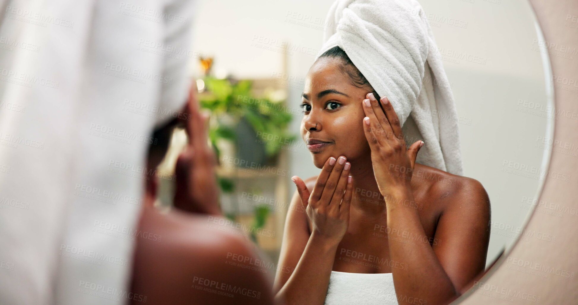 Buy stock photo Skincare, girl and check face in mirror for cosmetics treatment results, natural beauty and skin hydration. Reflection, black person and confident with routine inspection for grooming or glow in home