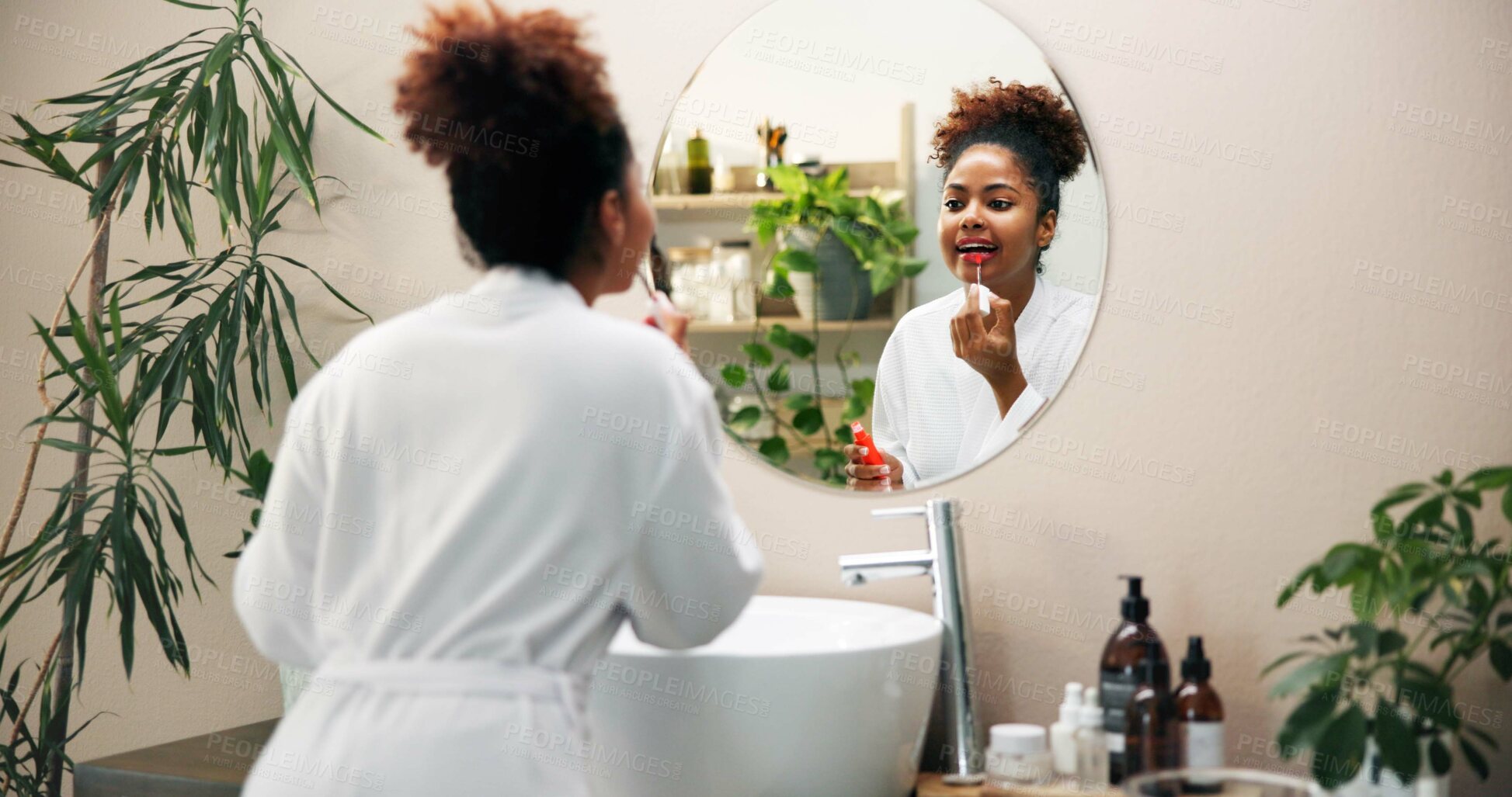 Buy stock photo House, mirror and woman in bathroom, lip gloss and wellness with grooming, skincare and routine. Person, apartment and girl with reflection, soft skin and cosmetics with beauty, shine and morning