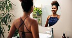 Fashion, woman or happy with dress in mirror for elegant event, stylish function or getting ready. Reflection, african person or confidence in glamour gown for classy date or social gathering in home