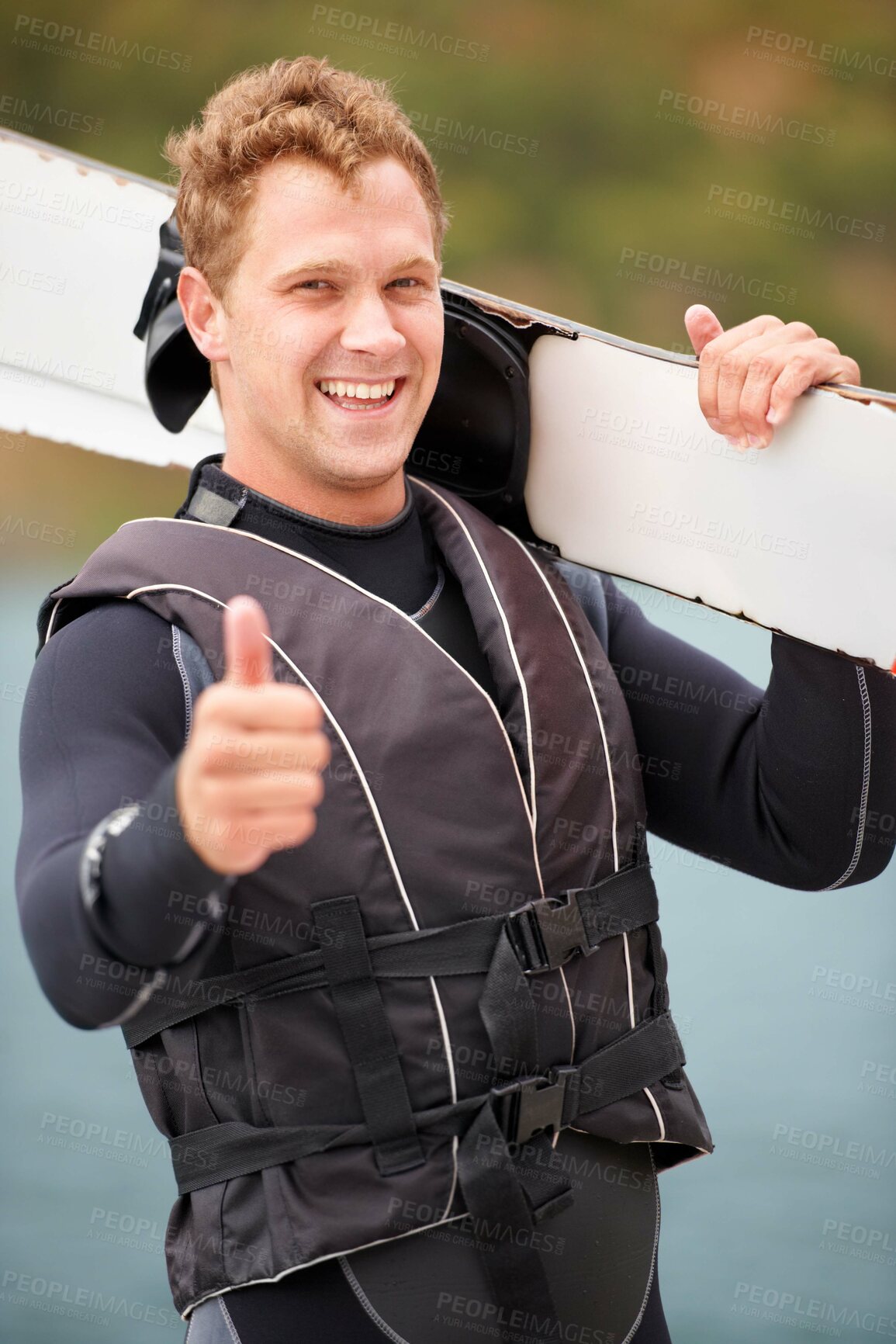 Buy stock photo Sports, thumbs up and portrait of man with wakeboard for surfing, exercise and recreation hobby by lake. Fitness, emoji hand sign and person with board for water skiing for freedom, adventure and fun