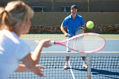 Buy stock photo Tennis match, fitness and sports in outdoors, competition and playing on court at country club. People, training and exercise or racket for game, performance and practice or cardio workout at stadium