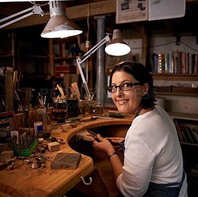 Buy stock photo Portrait, woman and tools with wood in workshop with craftsmanship, smile and handmade design with creativity. Woodwork, artist and creative person at workspace with equipment for handicraft or hobby