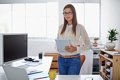 Buy stock photo Professional, portrait and woman with tablet at desk in office or creative web developer. Website, designer or person with research on internet for development of company erp, software and site