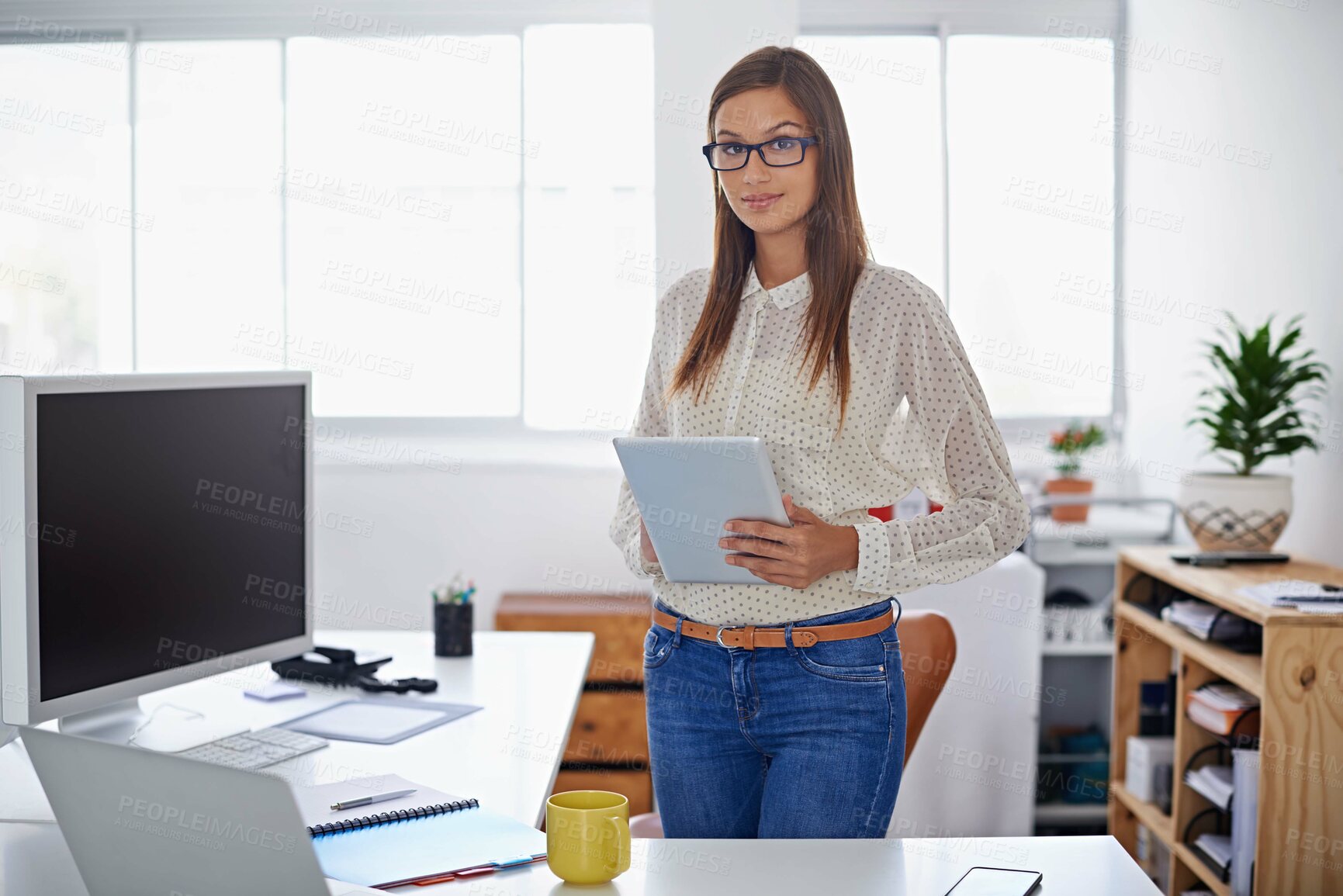 Buy stock photo Professional, portrait and woman with tablet at desk in office or creative web developer. Website, designer or person with research on internet for development of company erp, software and site