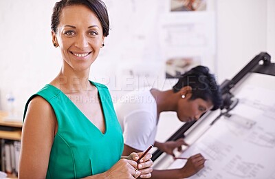 Buy stock photo Architecture, portrait or woman in engineering team for sketch, development project or planning. Coworking, lady or creative designers with blueprint ideas for drawing floor plan of office building