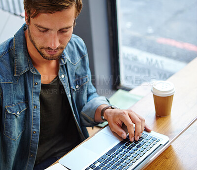 Buy stock photo Cafe, above and man with laptop for freelancer, information and notes for news story for publication. Coffee shop, male person and editor with digital blog for remote work, editing article or writing