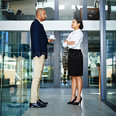 Buy stock photo Business people, coffee and talk in lobby on project, teamwork and accountants for discussion. Employees, finance and drinking tea or speaking for support, collaboration and working together on idea