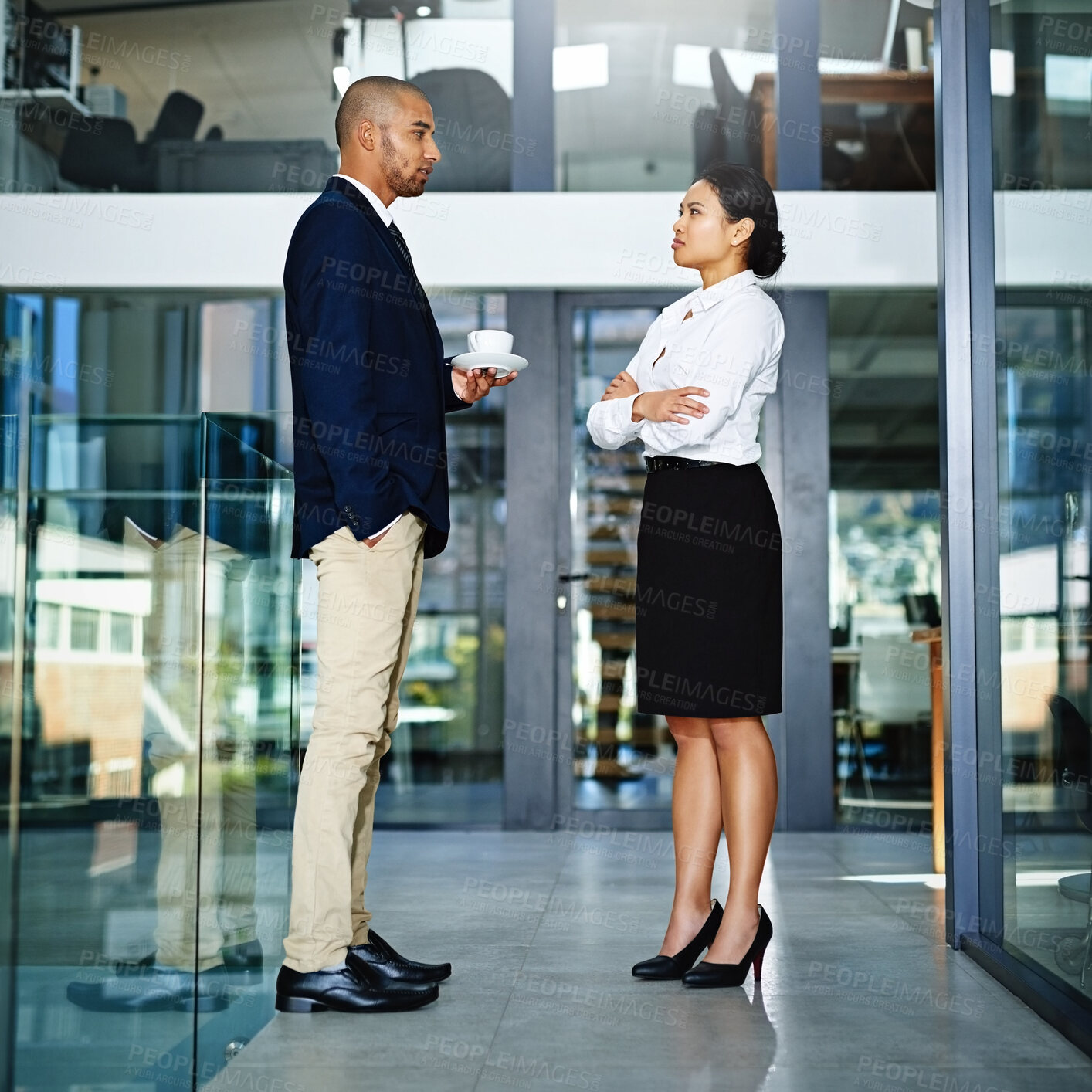 Buy stock photo Business people, coffee and talk in lobby on project, teamwork and accountants for discussion. Employees, finance and drinking tea or speaking for support, collaboration and working together on idea