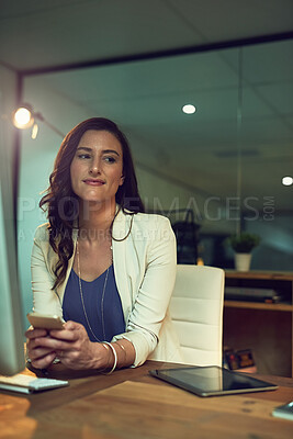 Buy stock photo Night, business and woman with smartphone, thinking and deadline with break, contact and social media. Employee, evening and consultant with cellphone, ideas and internet with schedule or digital app