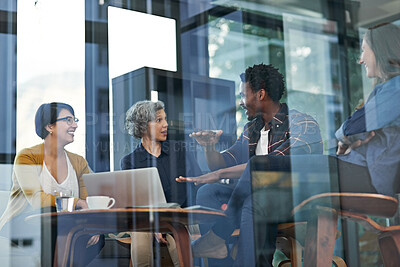 Buy stock photo Glass wall, laptop and business people in meeting, cooperation or planning with brainstorming. Group, staff or employee with computer, collaboration or teamwork with creative agency, speaking or talk