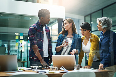 Buy stock photo Creative, business and people with laptop for meeting as web designer for teamwork or collaboration for ideas on project. Group, employee and digital technology for planning or information company