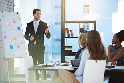 Buy stock photo Board, businessman or entrepreneur in presentation with graphs for teaching or skill development in meeting. Questions, charts or speaker talking for budget, training or coaching for learning or idea